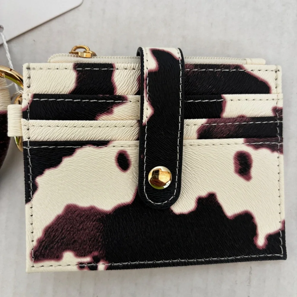 Cow Print Card Holder Women's Black White Bangle Keychain Wallet Western New‎